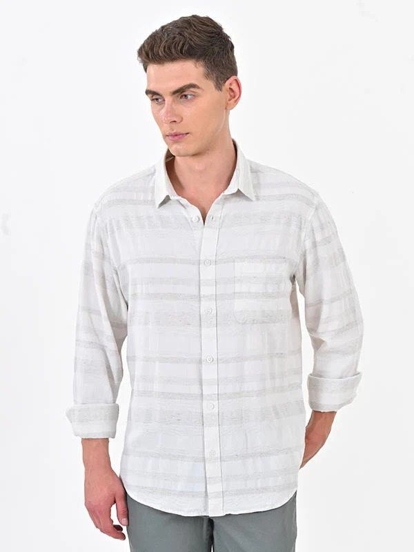 Indian Terrain Men's Regular Fit Full Sleeve Striped Off White Shirt